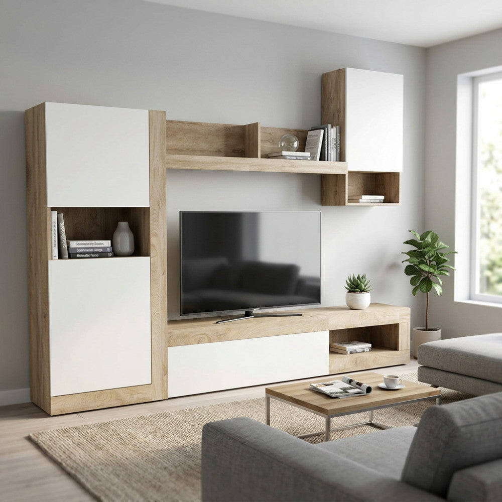 Vista frontale della parete attrezzata Roomy con televisore integrato e dettagli decorativi moderni.