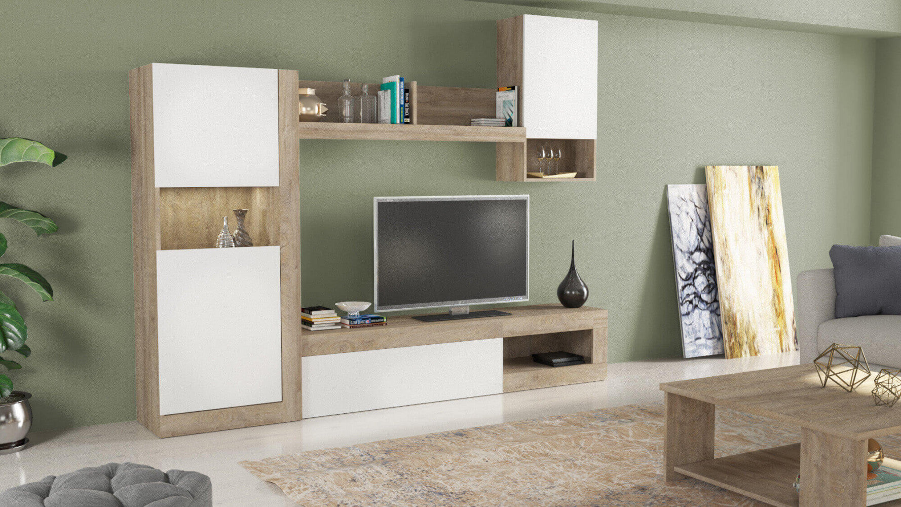Angolazione prospettica della parete Roomy in rovere e bianco, con luce naturale che esalta le finiture.