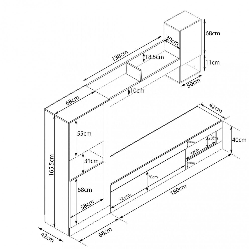 Disegno tecnico della parete attrezzata Roomy con quote e dimensioni dettagliate di ogni modulo.