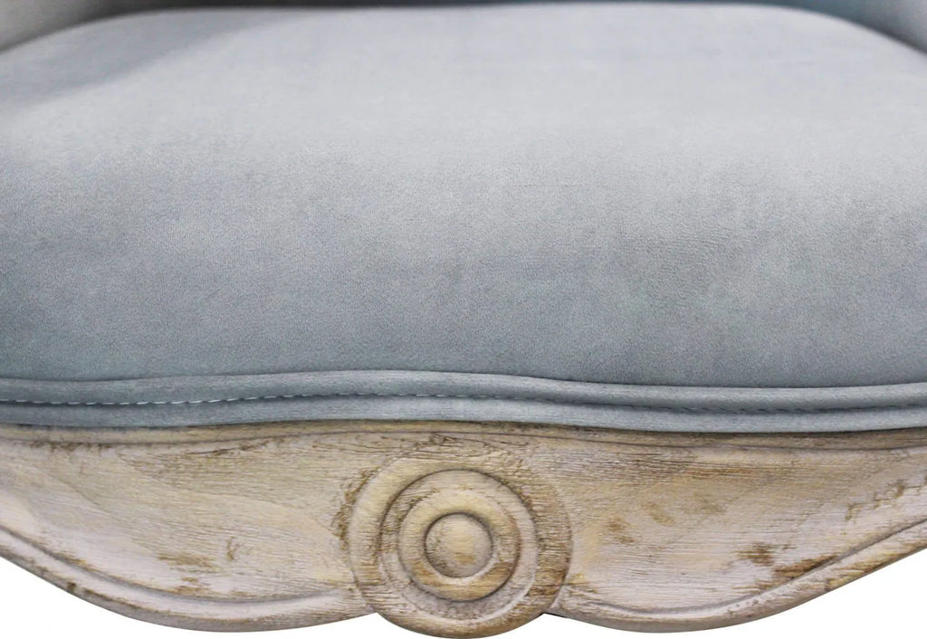 Poltrona di design Coreen in velluto grigio per salotto o studio, particolare intarsiato