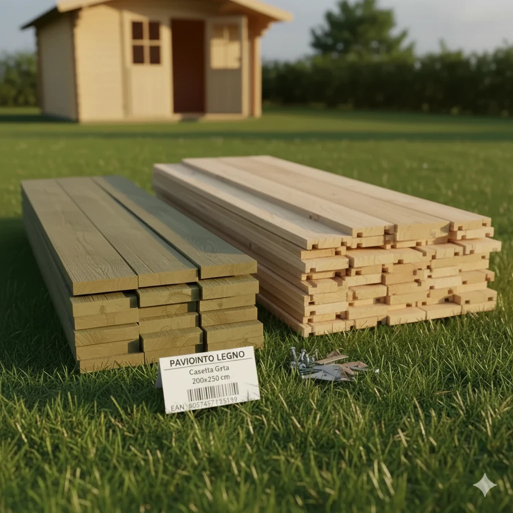 Kit Pavimento in Legno per Casetta Greta, listoni di sottostruttura in autoclave e perline in abete grezzo non trattato