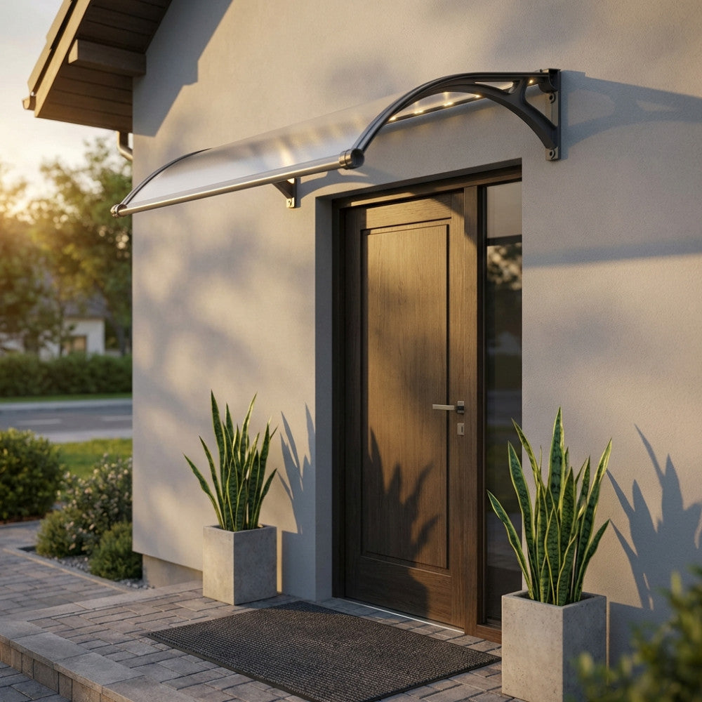 Pensilina Rainbow in policarbonato grigio semitrasparente installata sopra un'elegante porta d'ingresso in legno, illuminata dalla luce naturale del tramonto.