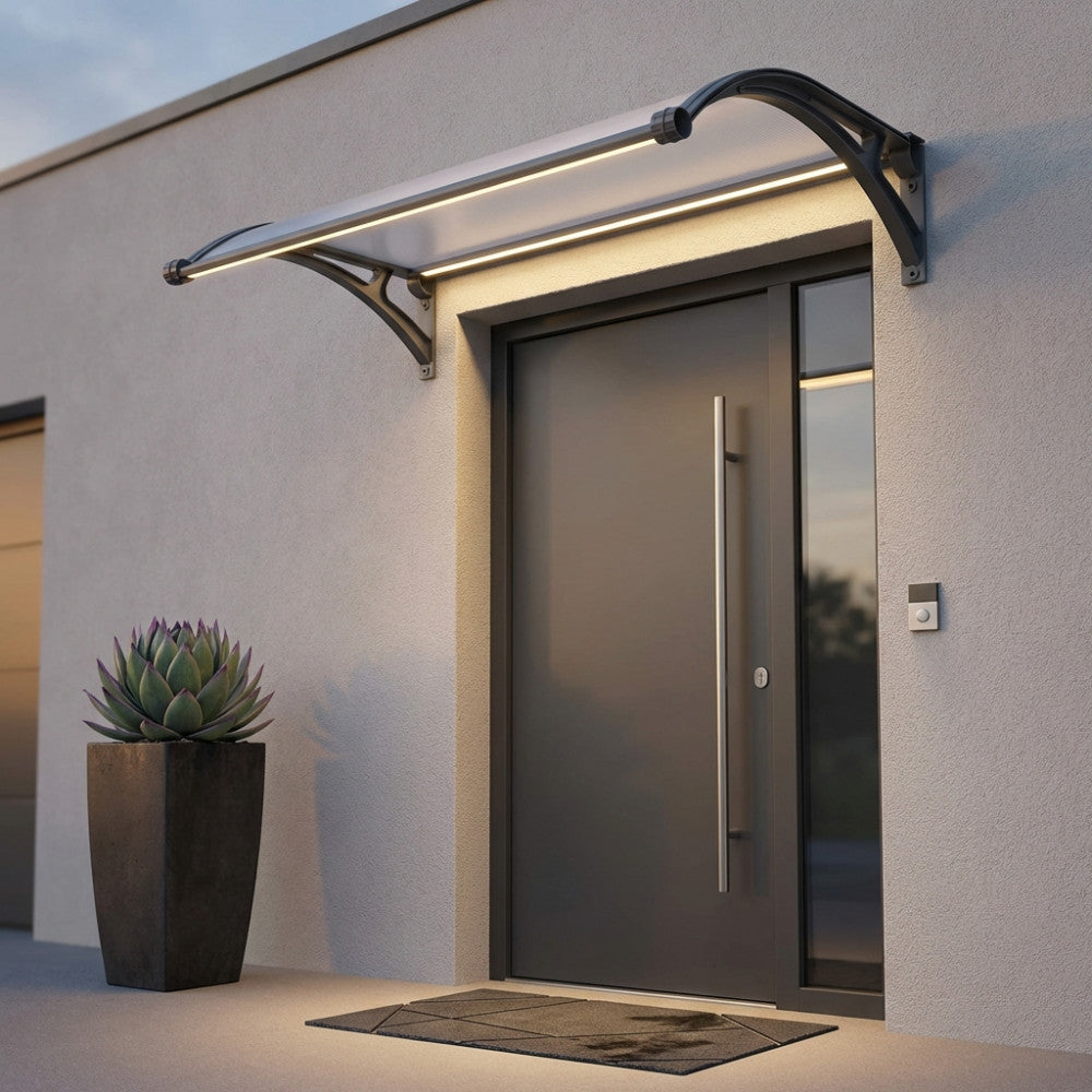 Dettaglio serale della pensilina moderna con illuminazione LED integrata accesa, che valorizza l'ingresso e la facciata minimalista.