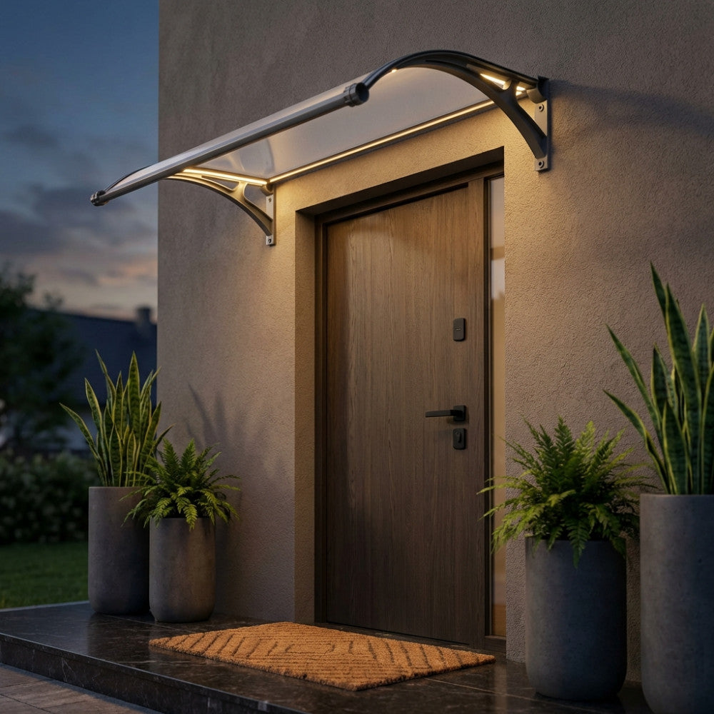 Pensilina Rainbow illuminata da LED integrati sopra una porta d'ingresso in legno scuro al crepuscolo.