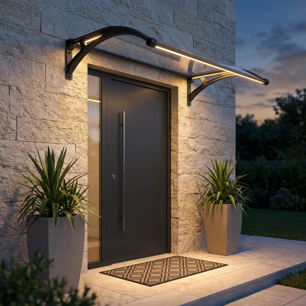 Pensilina in policarbonato trasparente grigio installata sopra una porta d'ingresso moderna con illuminazione LED integrata al crepuscolo.