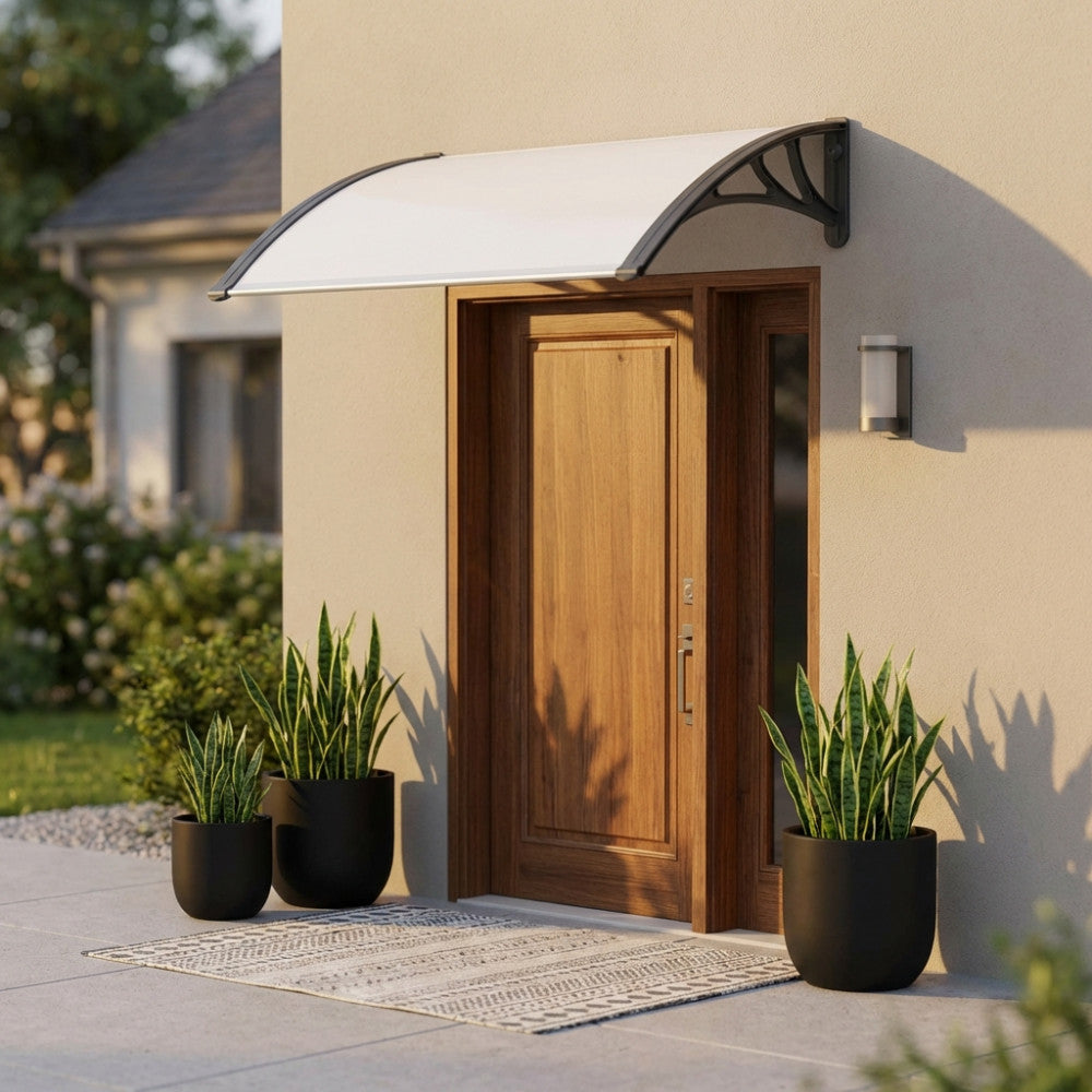 Dettaglio della pensilina Rain Opaca che protegge un elegante ingresso in legno massello con piante ornamentali.