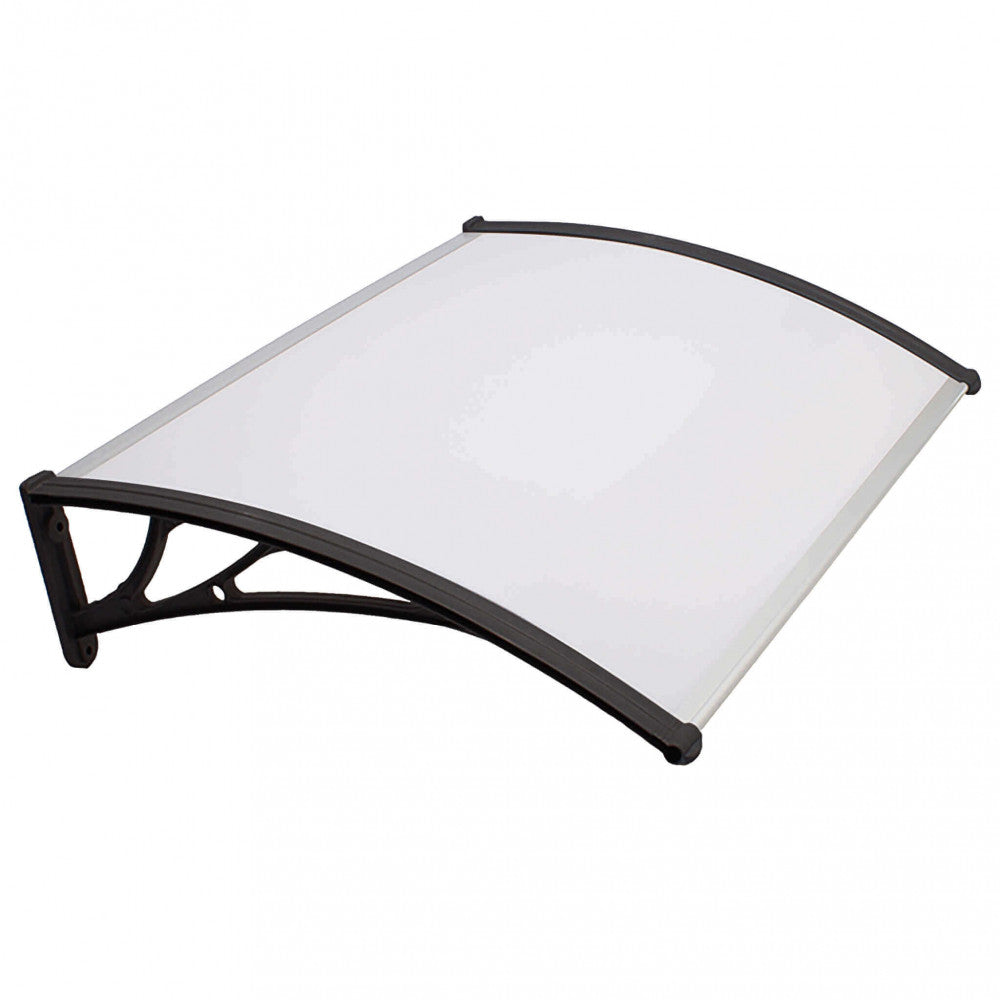 Pensilina Rain opaca con braccetti in ABS, installata sopra una porta d'ingresso, che mostra il pannello in policarbonato