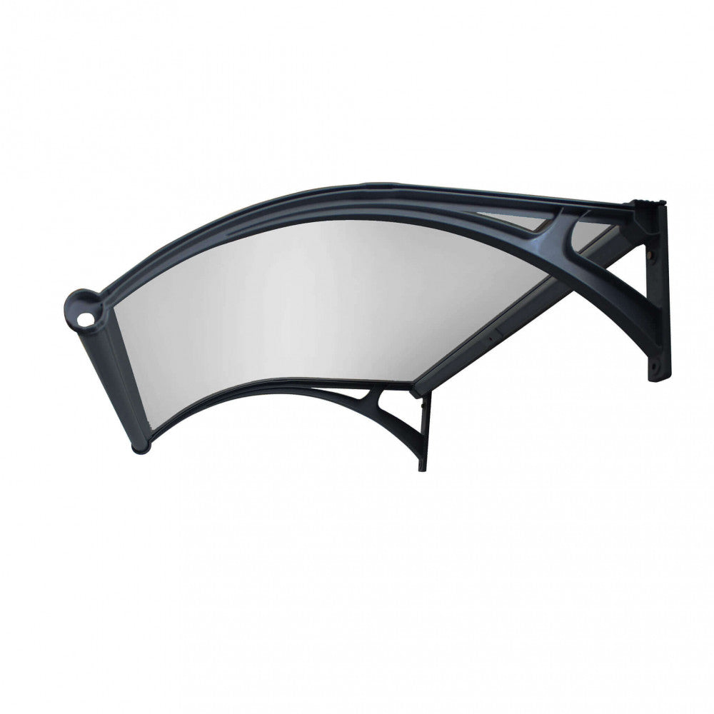 Pensilina Rainbow con LED e pannello solare, colore opaco, dimensioni 100x120cm, installata sopra una porta d'ingresso.