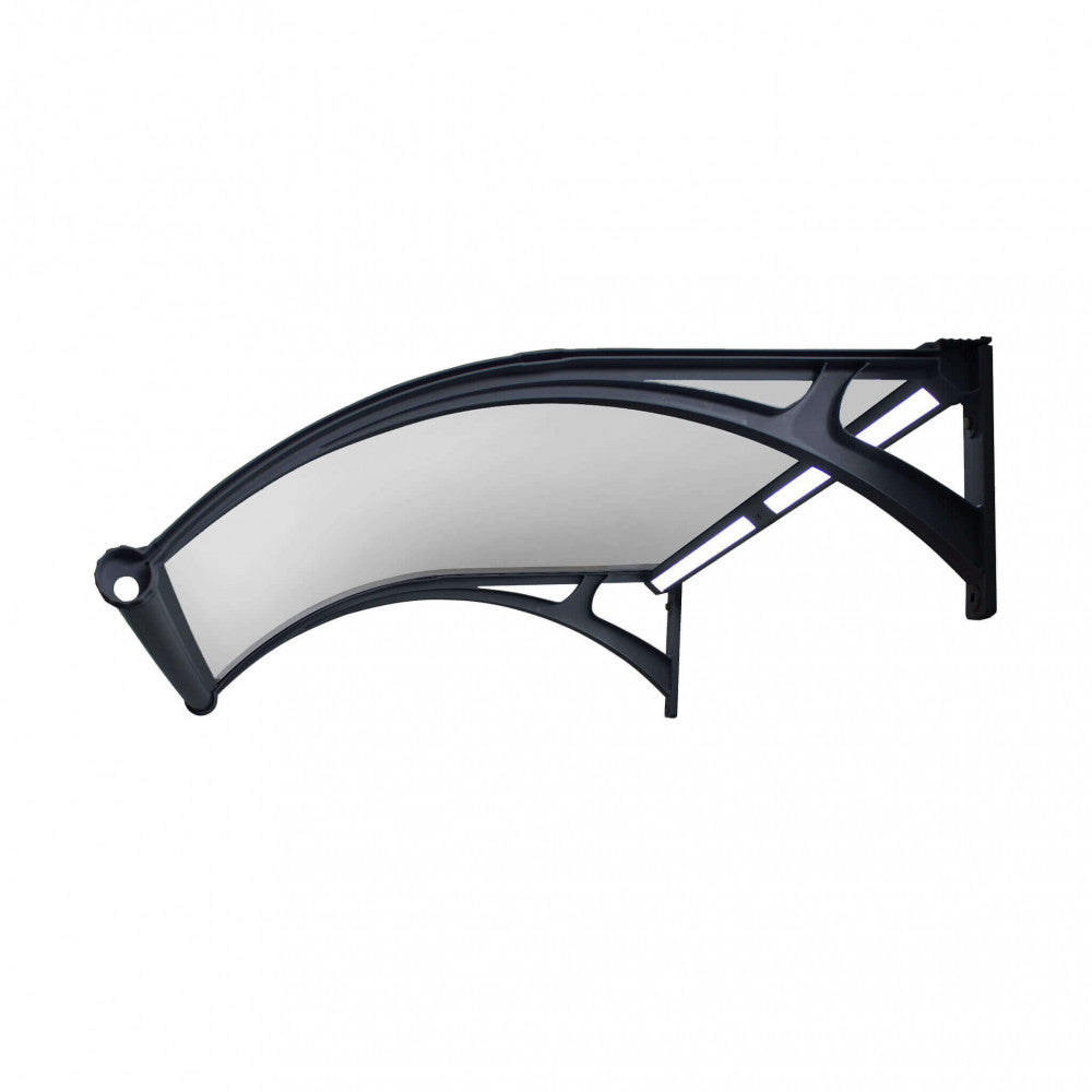 Pensilina Rainbow con LED e pannello solare, colore opaco, installata sopra un ingresso di casa.