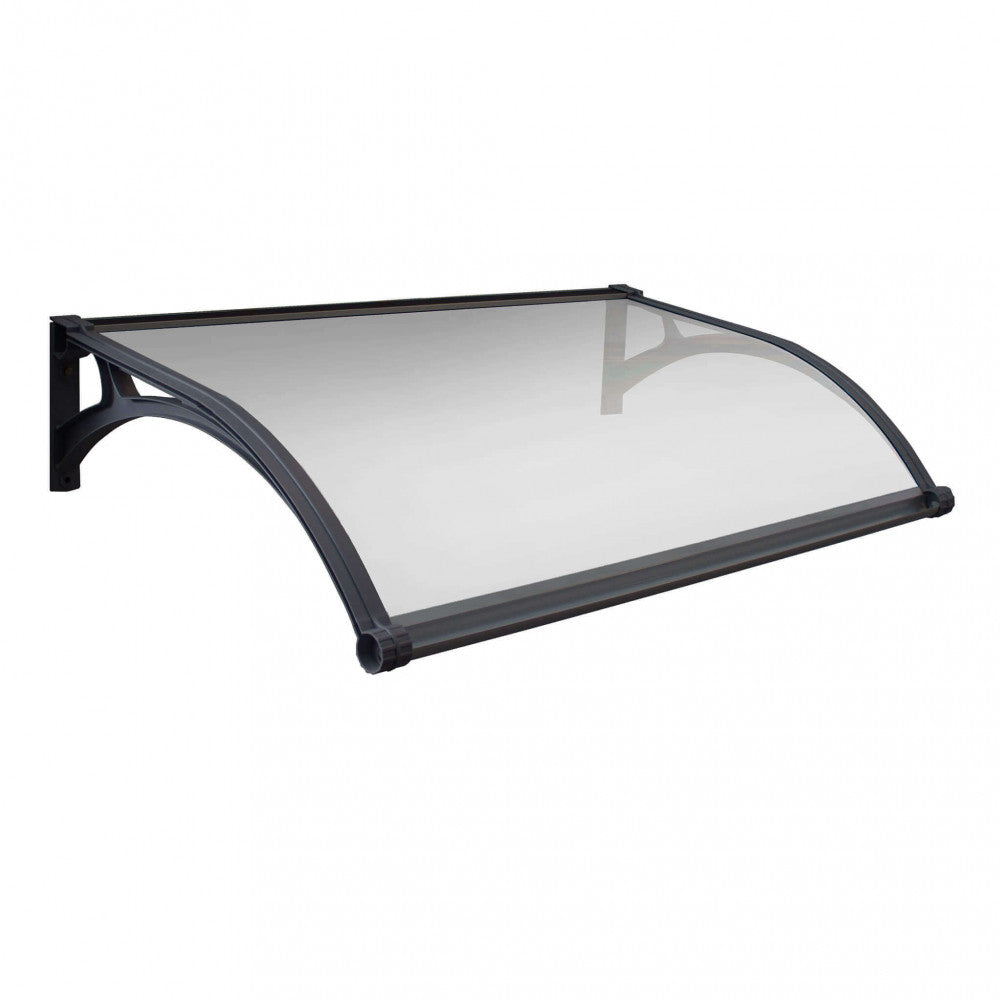 Pensilina Rainbow con LED e pannello solare, colore opaco, installata sopra un ingresso di casa.