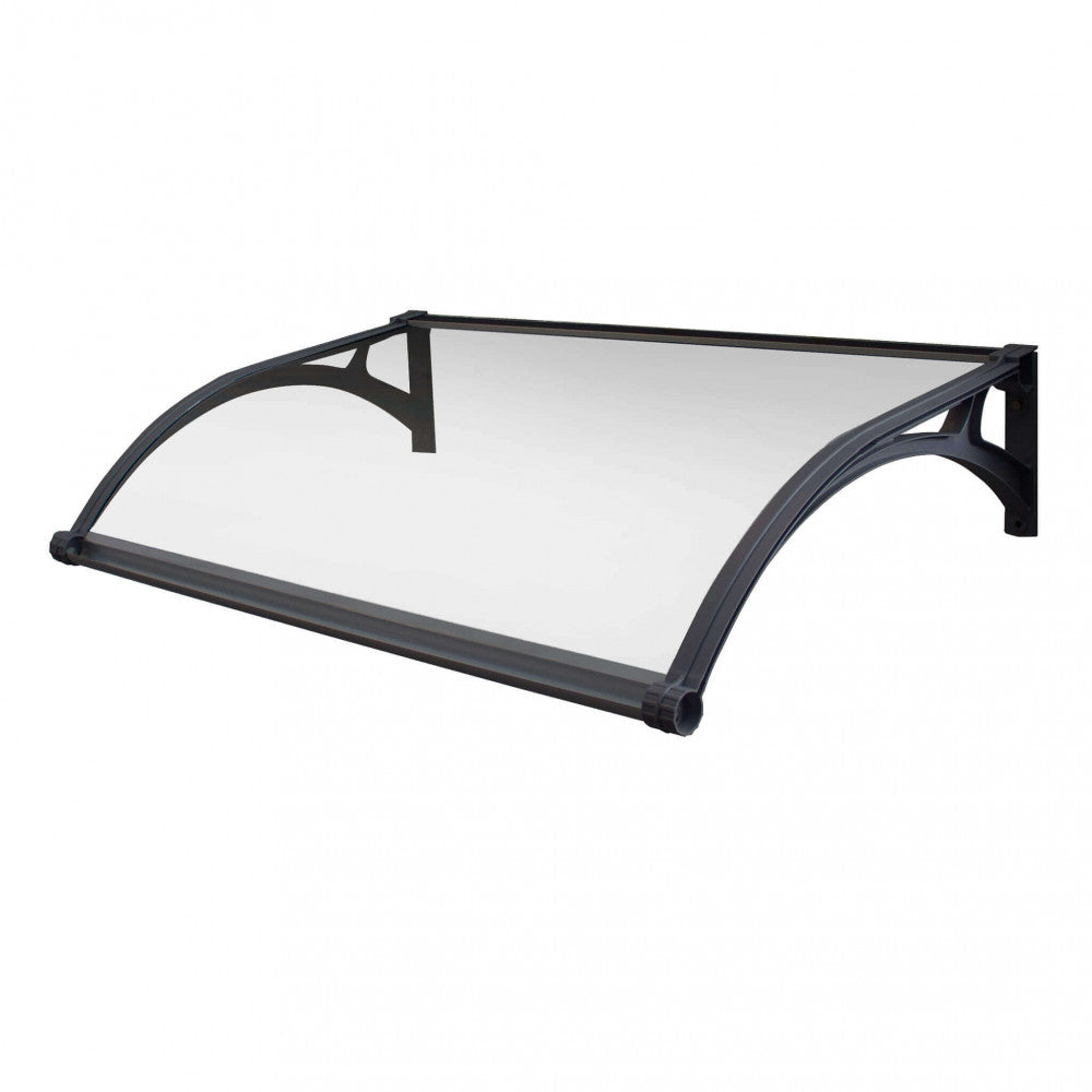 Pensilina Rainbow con LED, sensore e pannello solare, colore trasparente, dimensioni 100x120cm, installata sopra una porta d'ingresso.