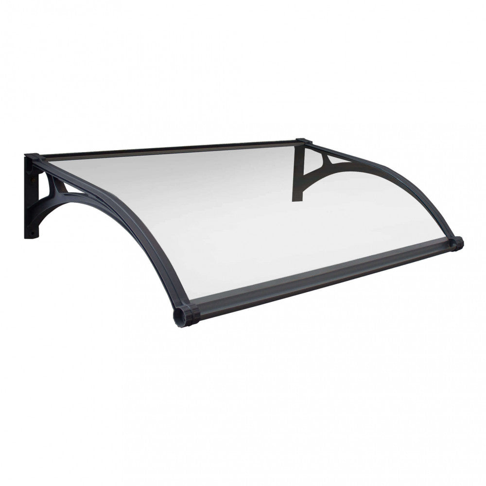 Pensilina Rainbow con LED, sensore e pannello solare, colore trasparente, dimensioni 100x120cm, installata sopra una porta d'ingresso.