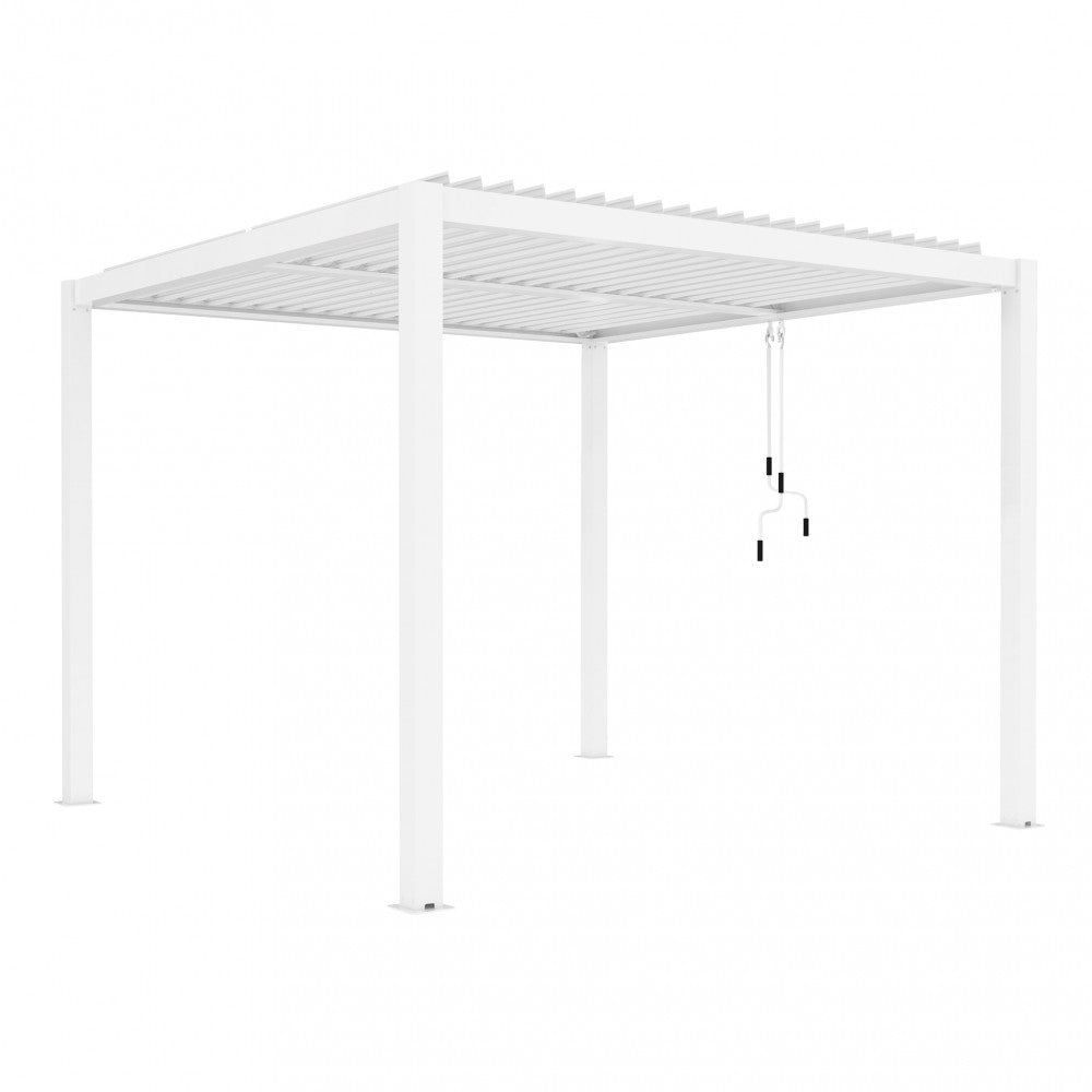 Vista prospettica in 3D della pergola bioclimatica 3x3 bianca che mostra il design pulito e la manovella di apertura.