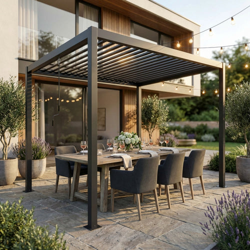 Gazebo pergola bioclimatica 3x4 grigio scuro allestita con tavolo da pranzo in legno e sedie scure su un patio in pietra.