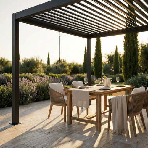 Dettaglio della pergola bioclimatica moderna al tramonto, con tavolo apparecchiato e vista sul giardino mediterraneo.