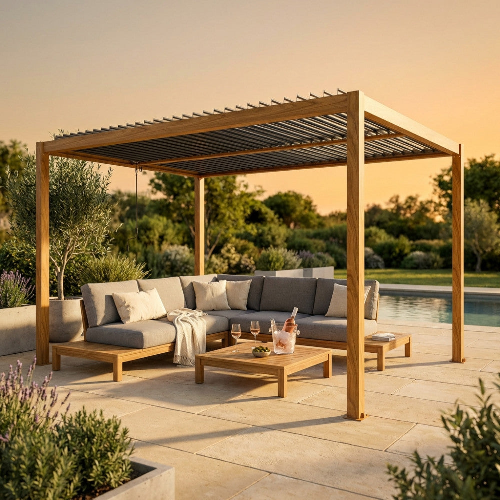 Pergola bioclimatica 3x4 in alluminio effetto legno allestita con salotto outdoor a bordo piscina al tramonto.