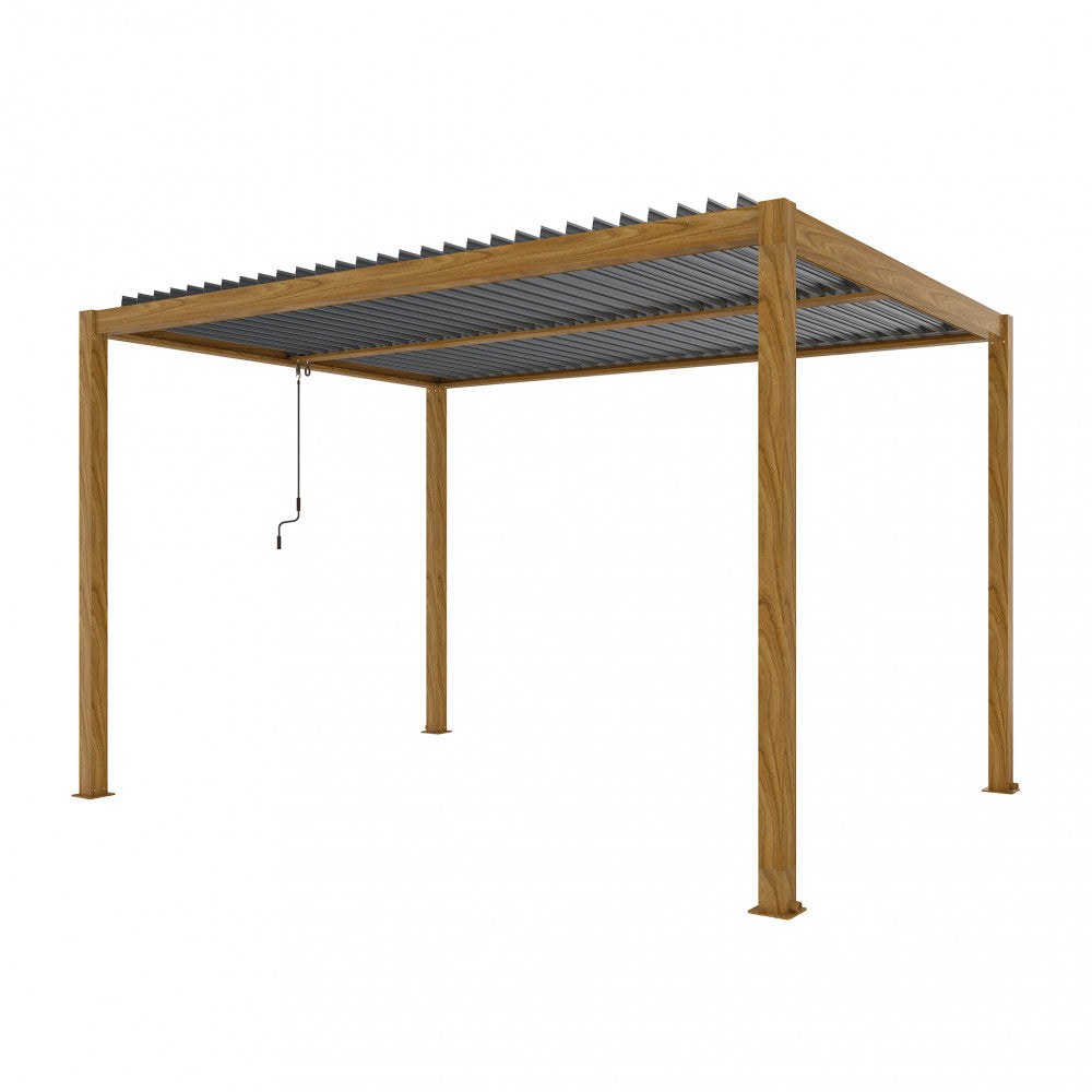 Struttura isolata della pergola bioclimatica 3x4 effetto legno su sfondo bianco, vista angolare.