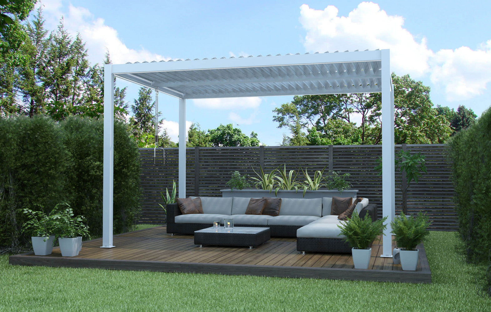 Pergola bioclimatica 3x3 bianca by Albert in un giardino moderno con zona lounge esterna