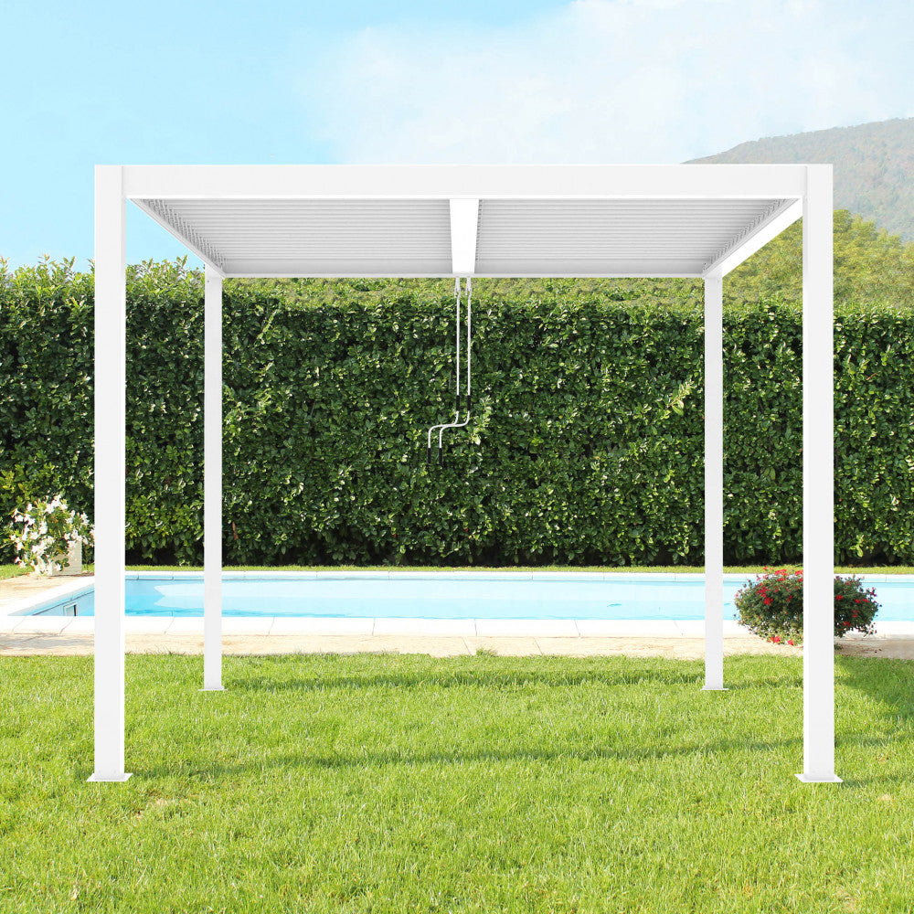 Struttura in alluminio della pergola bioclimatica 3x3 bianca by Albert, resistente alle intemperie