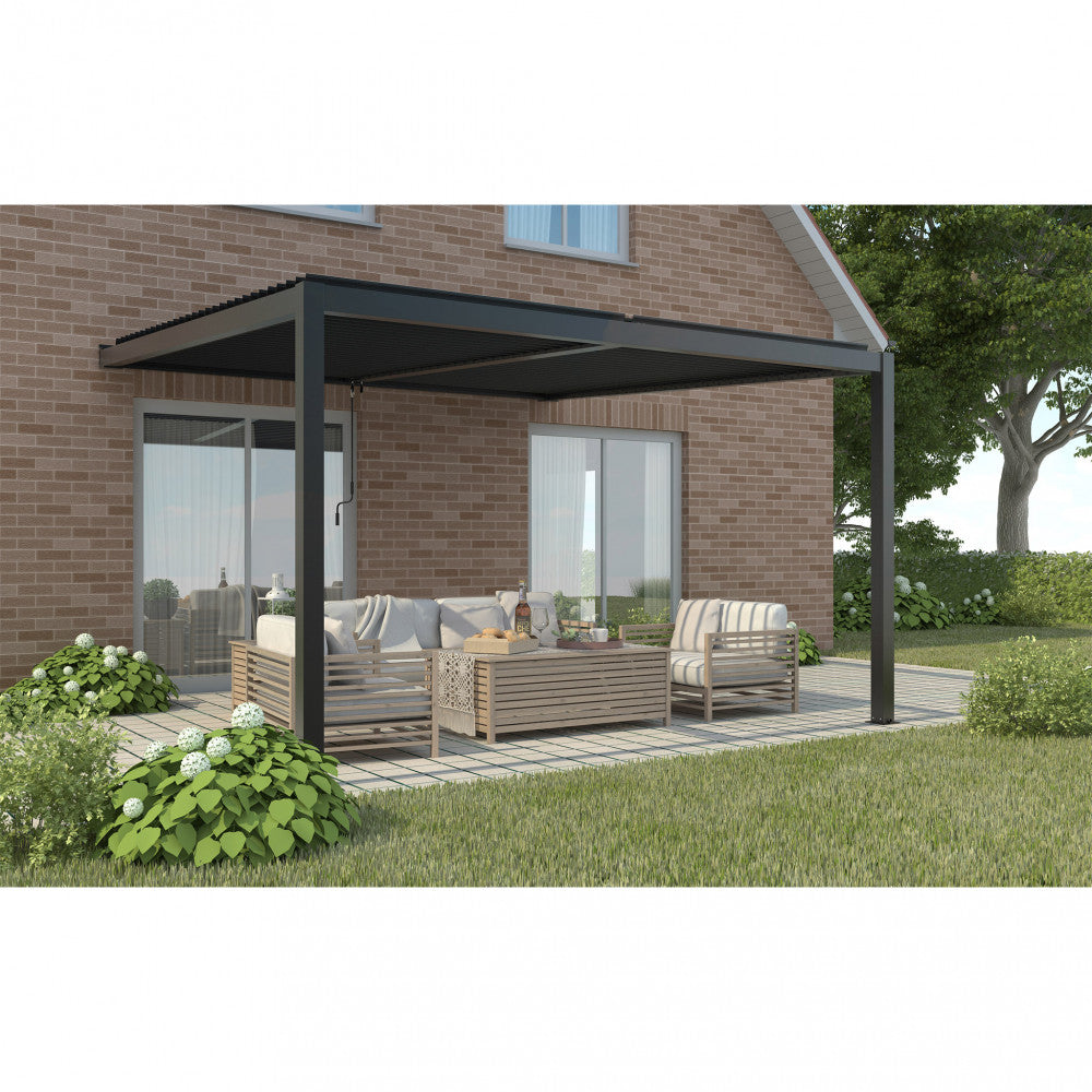 Pergola bioclimatica 4x4 addossata antracite by Albert, struttura in alluminio e lamelle orientabili