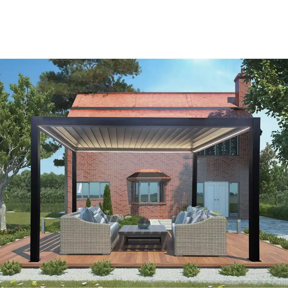 Pergola bioclimatica 4x4 motorizzata con LED by Albert illuminata di sera in giardino