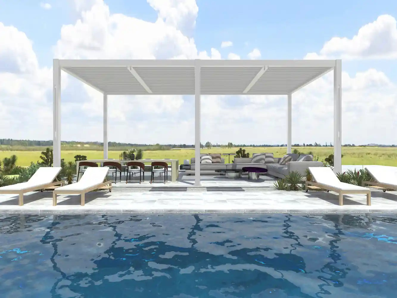 Dettaglio lamelle orientabili della pergola bioclimatica bianca 5.8x3 by Albert in alluminio