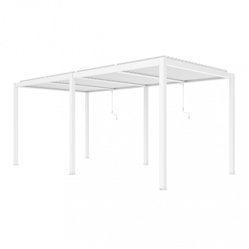 Struttura architettonica vuota della pergola bioclimatica 7,8x4 in alluminio bianco su sfondo neutro.