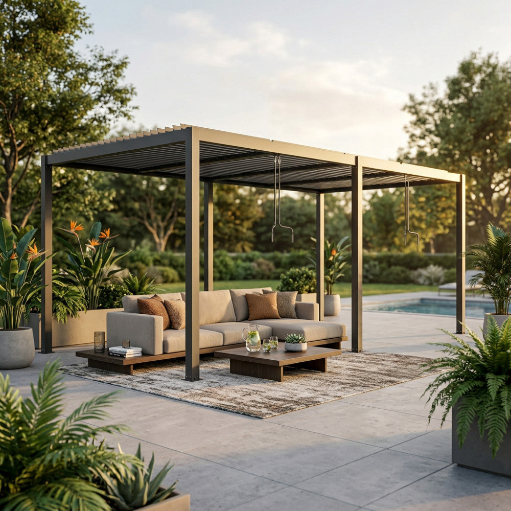 Pergola bioclimatica in alluminio antracite allestita con divano lounge in un giardino di lusso al tramonto.