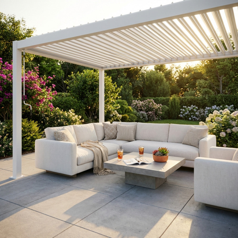 Gazebo moderno 2x3 bianco con lamelle orientabili, che ombreggia un lussuoso salotto da esterni con divano angolare in tessuto chiaro e tavolino in cemento.