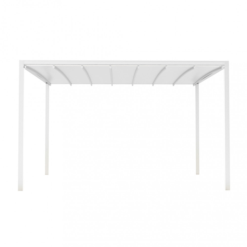 Dettaglio strutturale del gazebo pergola 3x3 su sfondo bianco, che mostra la copertura in PVC e le travi in alluminio.
