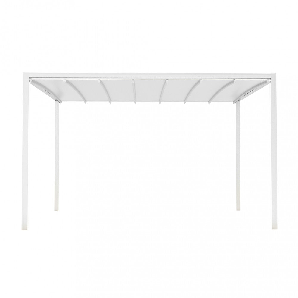 Vista frontale della struttura della pergola in alluminio bianco con copertura in PVC completamente estesa su sfondo neutro.