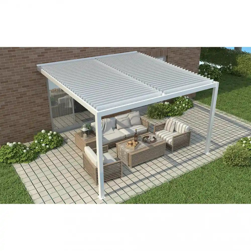 pergola bioclimatica 4x4 addossata bianca alluminio design esterno vista panoramica
