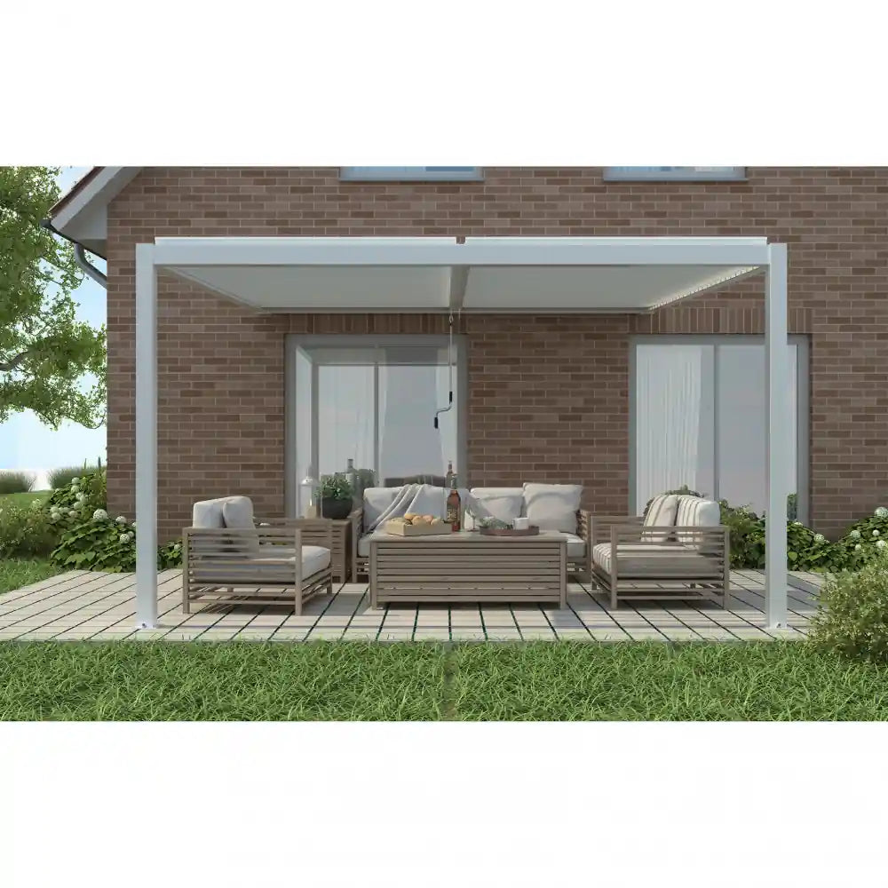 pergola bioclimatica 4x4 installata su terrazzo arredo giardino bianco moderno vista frontale