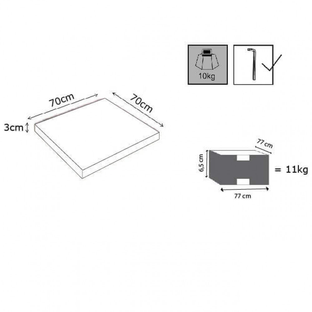 Schema tecnico del piano tavolo Paxos con dimensioni 70x70x3 cm e dettagli di imballaggio.