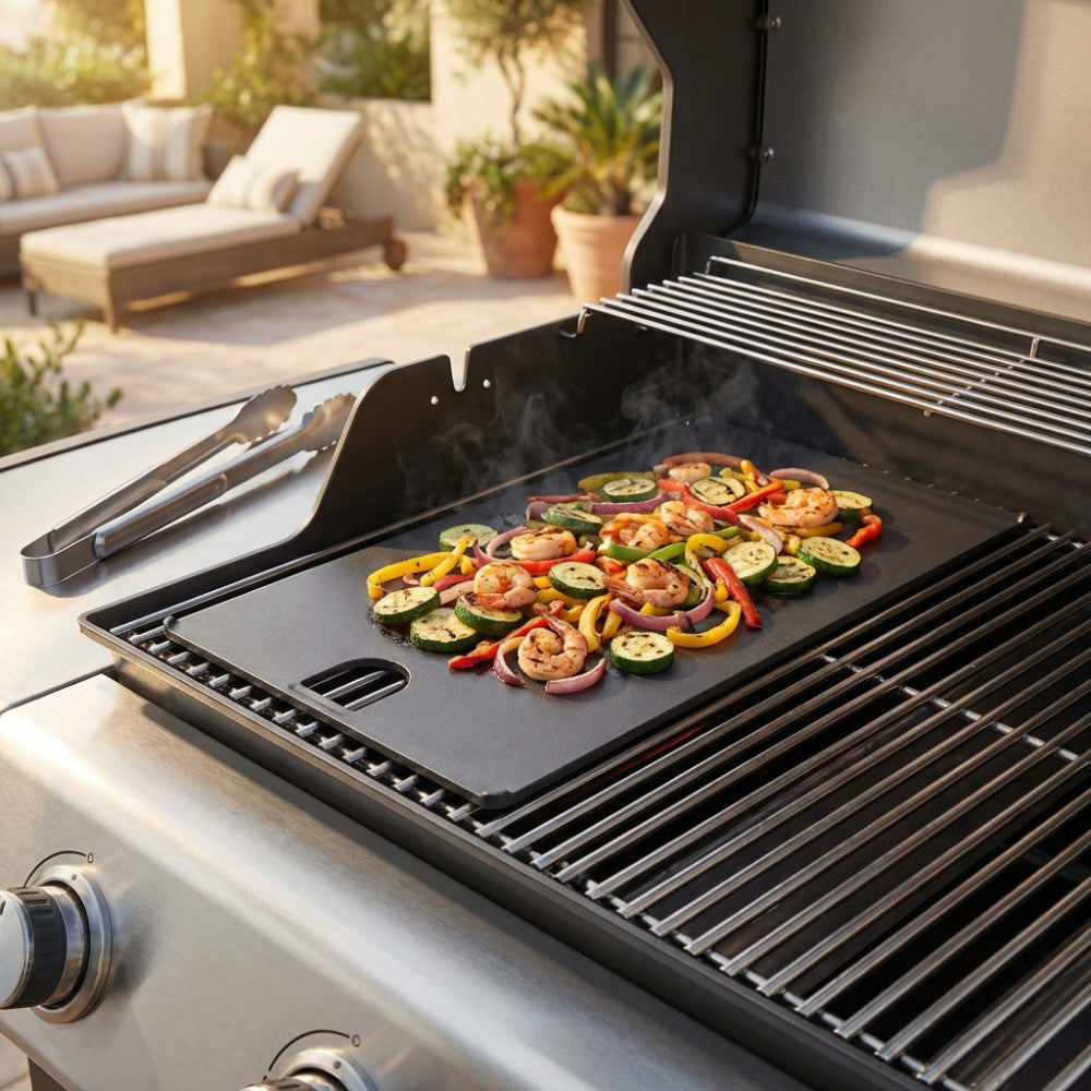 Dettaglio della piastra in ghisa sul barbecue con gamberi e verdure grigliate, ambientazione outdoor elegante.