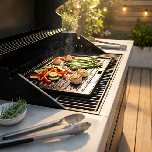 Piastra per barbecue in ghisa nera posizionata su una griglia a gas, utilizzata per cuocere verdure fresche e capesante in un elegante ambiente outdoor.