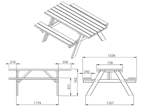 Disegno tecnico del tavolo Picnic Oasi Inclusive con quote e dimensioni