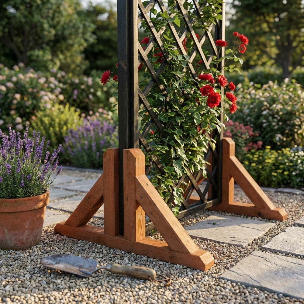 Dettaglio del piedino di supporto in legno massello alla base di un grigliato nero in un giardino curato.
