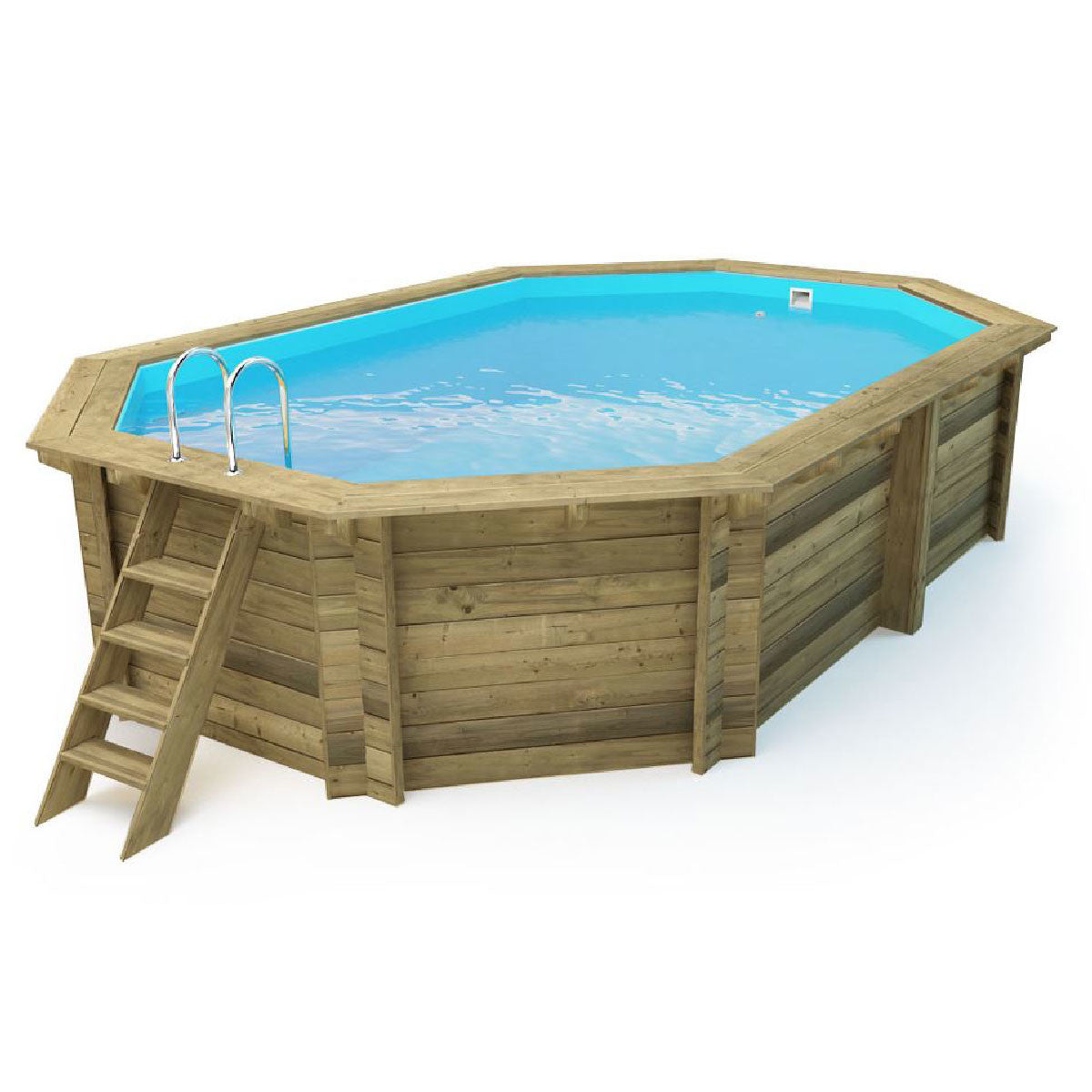 Piscina ottagonale in legno 486x336 cm, realizzata in pino impregnato, installata in un giardino.