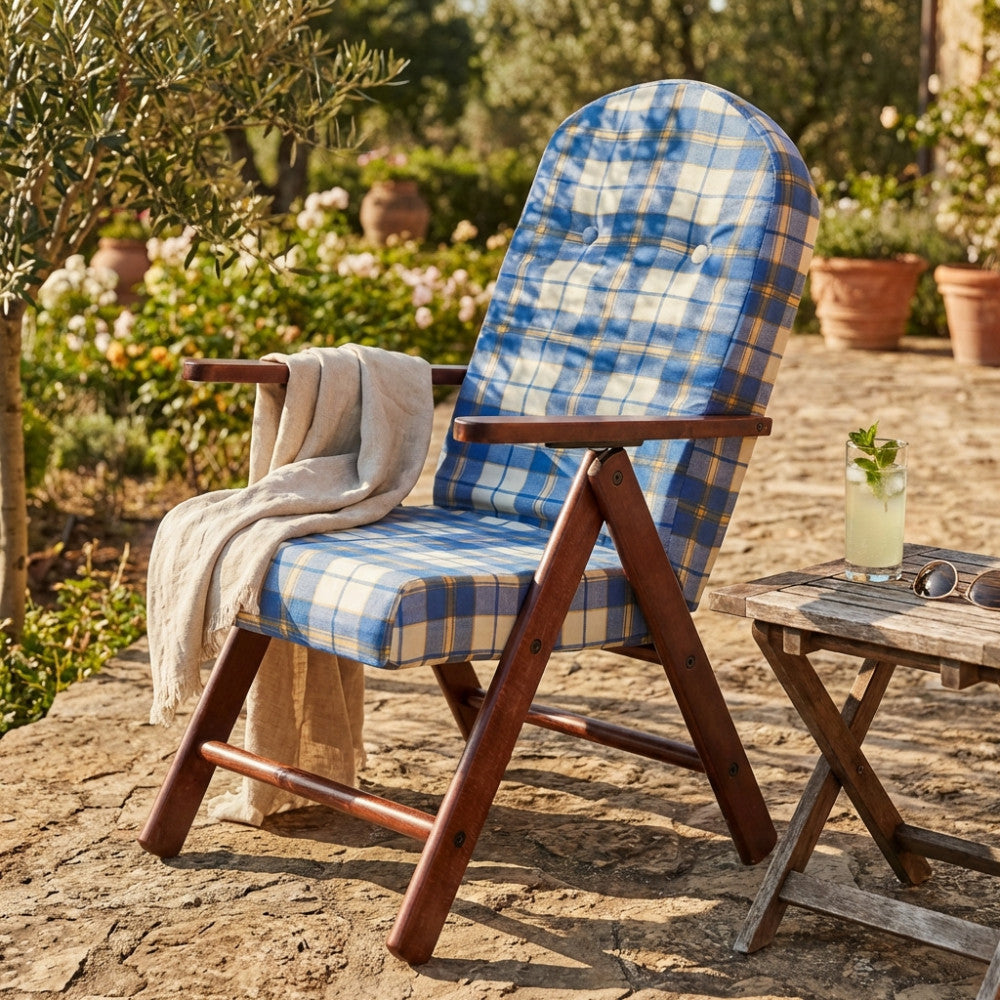 Poltrona relax Cosma HF807065-BLU in legno di faggio con cuscino tartan blu