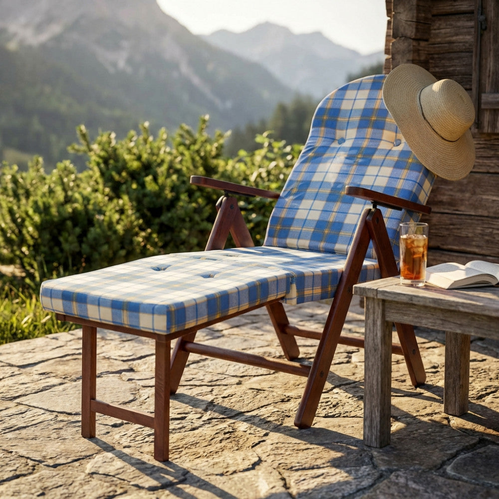 Poltrona relax Cosma in legno di faggio con cuscino tartan blu