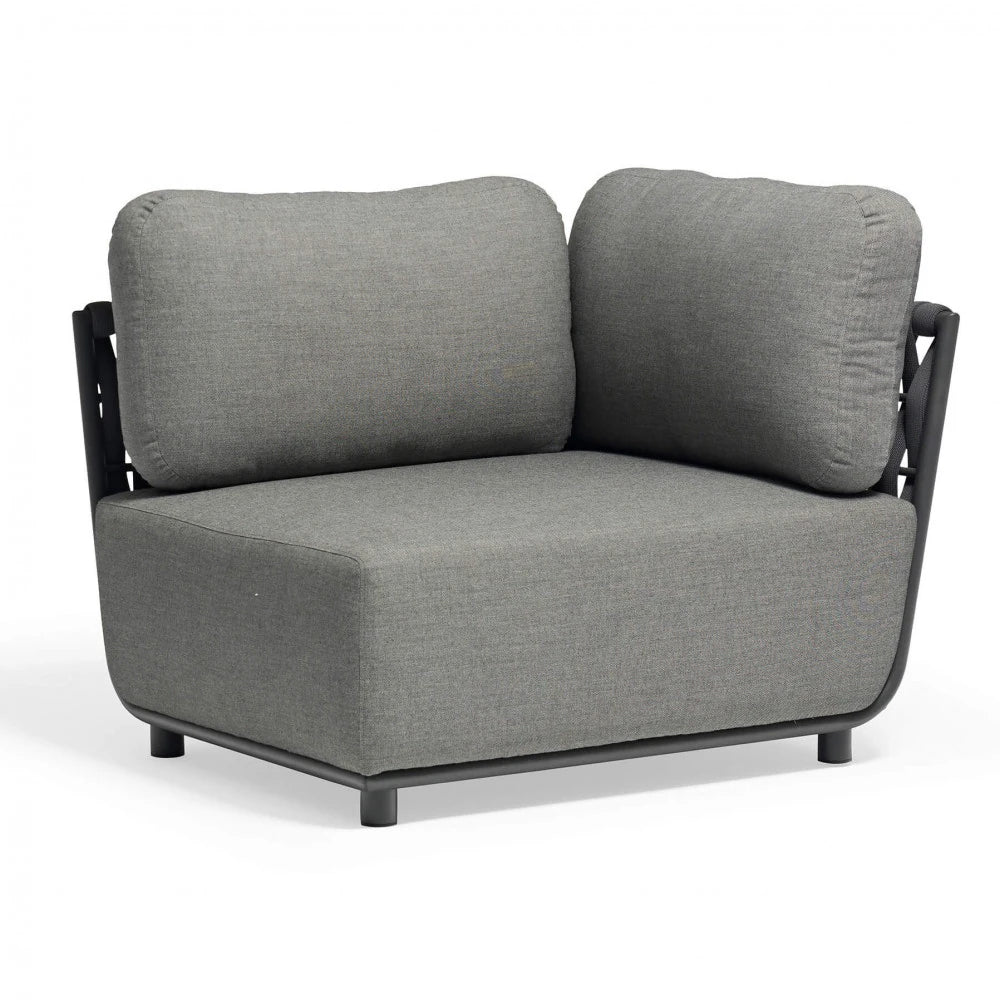 Poltrona Angolare Destra Galapagos da esterno, struttura Alluminio Antracite, rivestimento Corda PVC, cuscini 15 cm idrorepellenti.