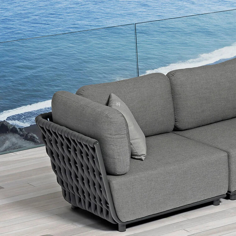 Poltrona Angolare Sinistra Galapagos da esterno, struttura Alluminio Antracite, rivestimento Corda PVC, cuscini 15 cm idrorepellenti, abbinata con divano