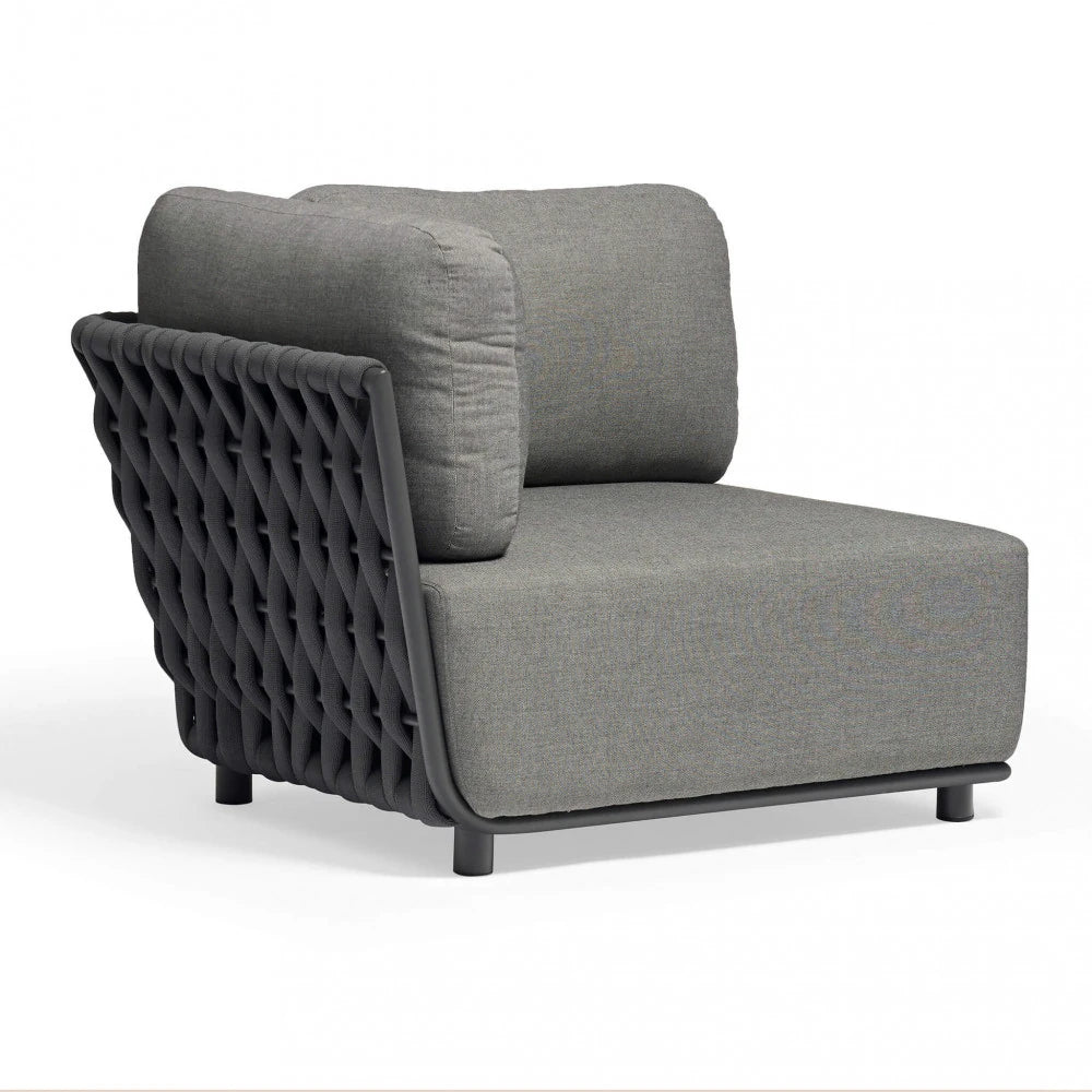 Poltrona Angolare Sinistra Galapagos da esterno, struttura Alluminio Antracite, rivestimento Corda PVC, cuscini 15 cm idrorepellenti.