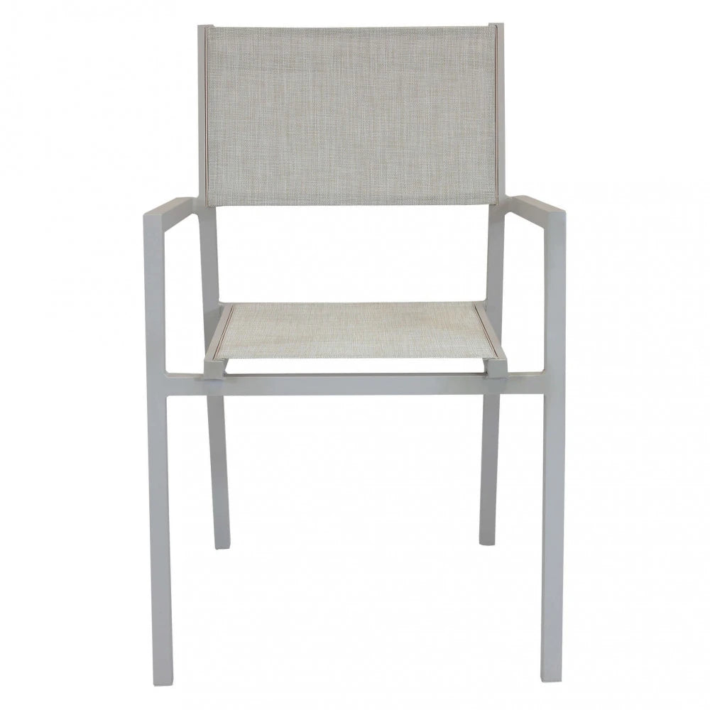 Poltrona Avana Tortora impilabile con struttura in alluminio e seduta in textilene, resistente per esterni, vista frontale