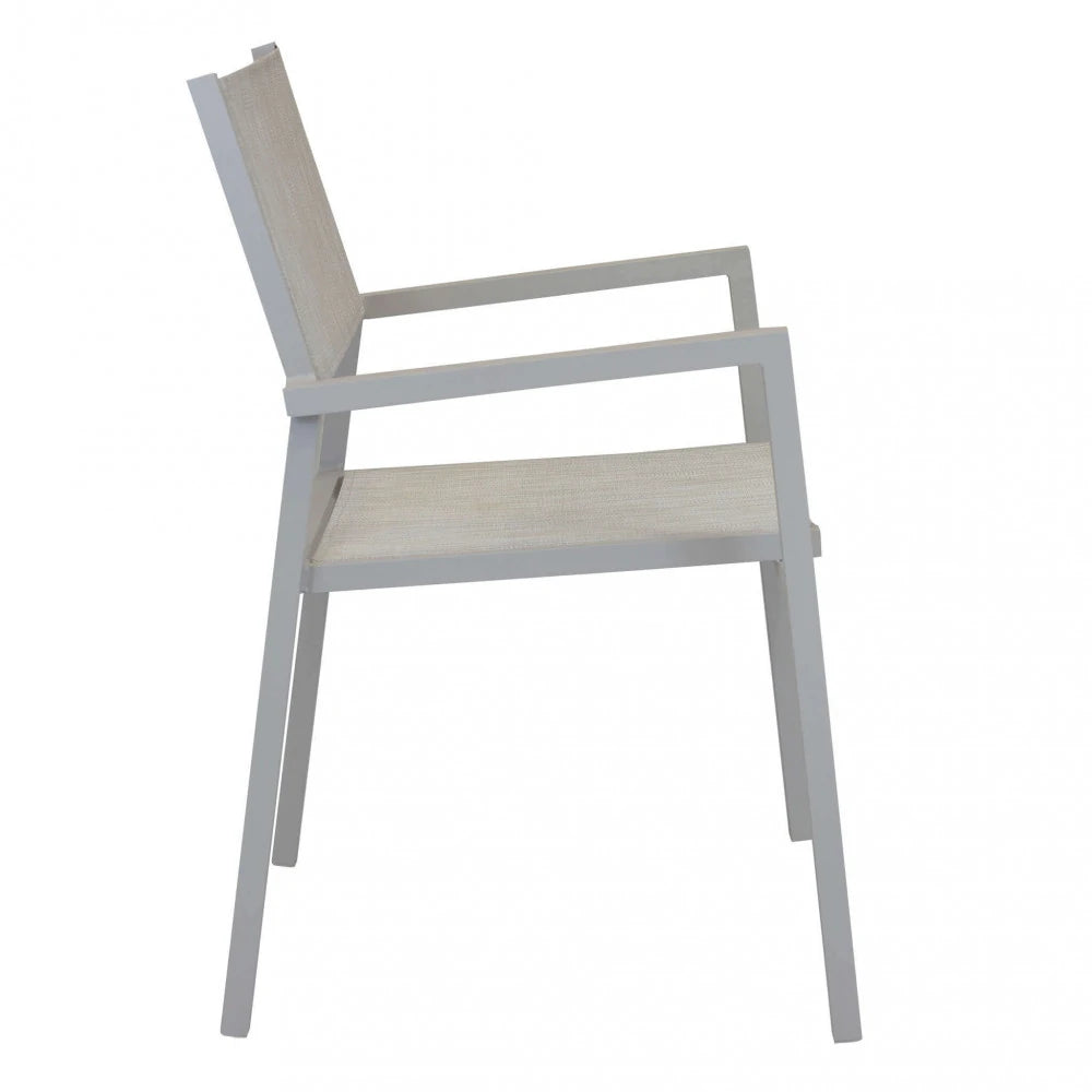 Poltrona Avana Tortora impilabile con struttura in alluminio e seduta in textilene, resistente per esterni, vista laterale