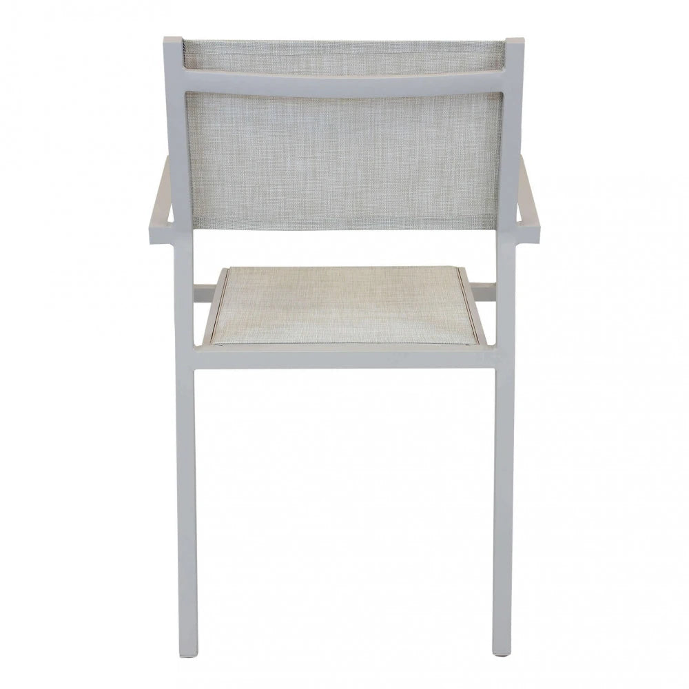 Poltrona Avana Tortora impilabile con struttura in alluminio e seduta in textilene, resistente per esterni, vista posteriore