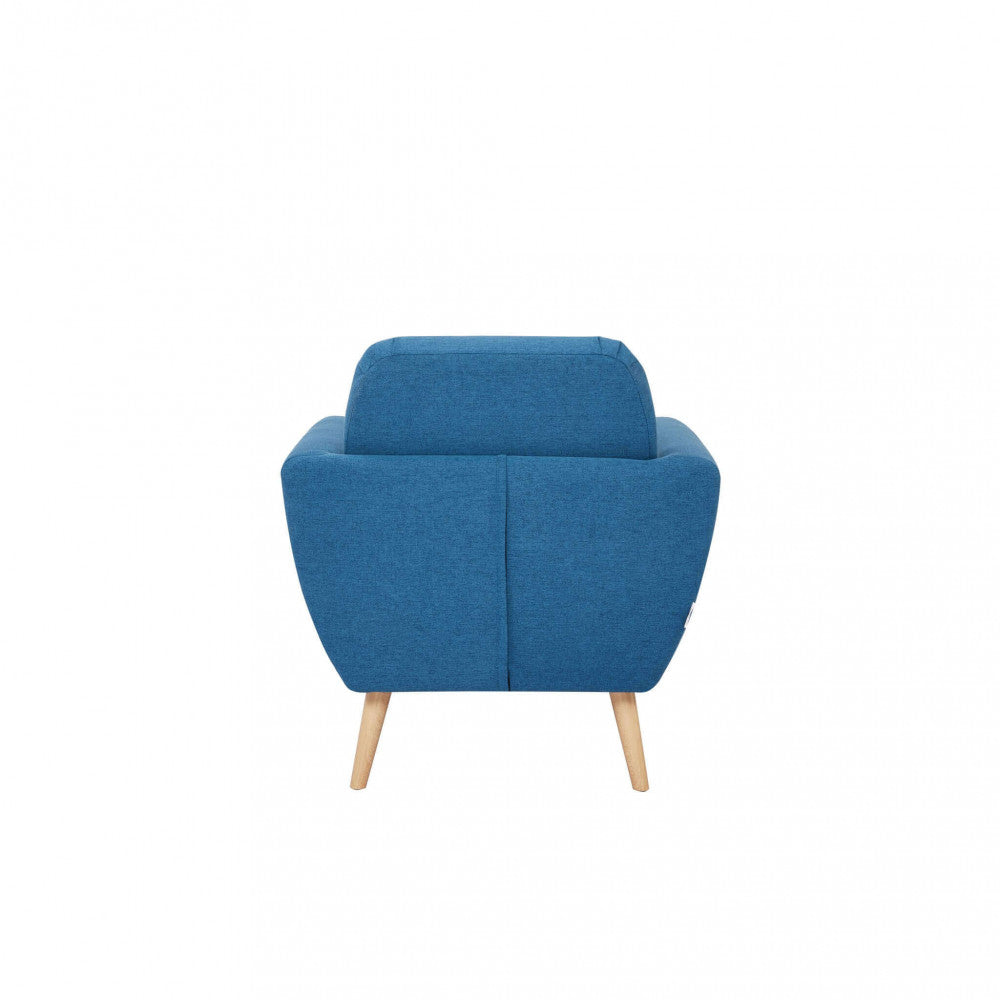 Poltrona Burton in tessuto blu con gambe in polipropilene, vista dal retro