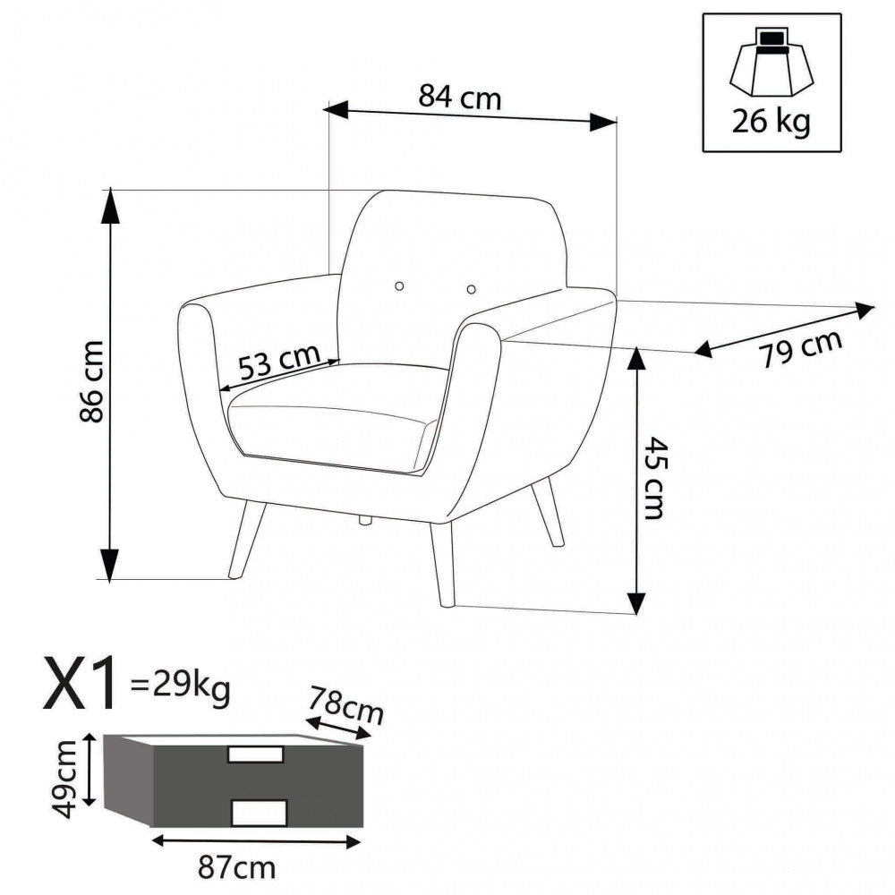 Disegno tecnico della poltrona Burton con quote dimensionali: larghezza 84 cm, profondità 79 cm, altezza 86 cm e dettagli dell'imballaggio.