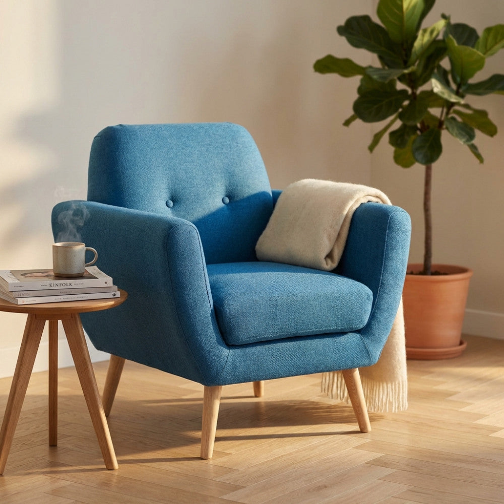 Dettaglio della poltrona Burton blu con una morbida coperta chiara adagiata sul bracciolo, in un contesto living con pianta d'appartamento.